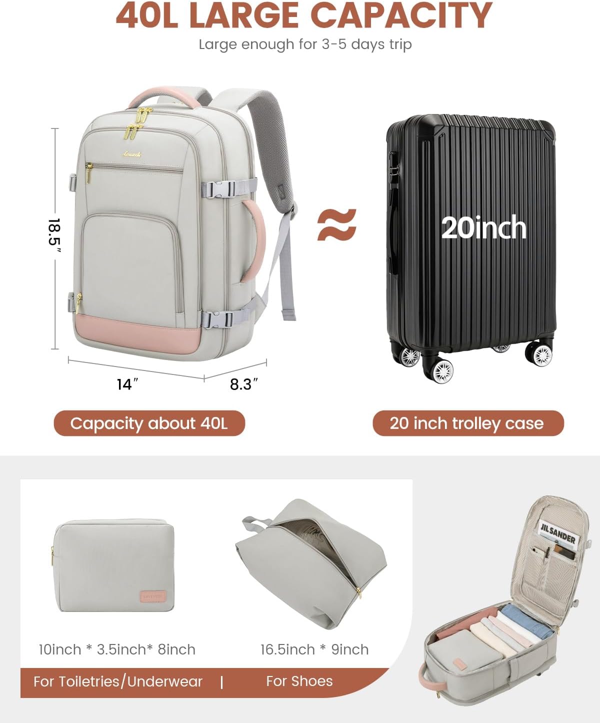 LOVEVOOK Travel Backpack For Women, 40L Carry On Backpack Flight Approved, TSA Personal Item Travel Bag Fits 17 Inch Laptop, Business Weekender Overnight Waterproof Daypack With 2 Cubes, Grey-Pink - Image 4