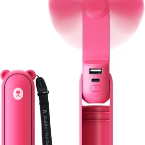 JISULIFE Handheld Mini Fan, 3 IN 1 USB Rechargeable Portable Fan [12-19 Working Hours] with Power Bank, Flashlight, Pocket Design for Travel/Summer/Concerts/Lash, Gifts for Women (Fuchsia)
