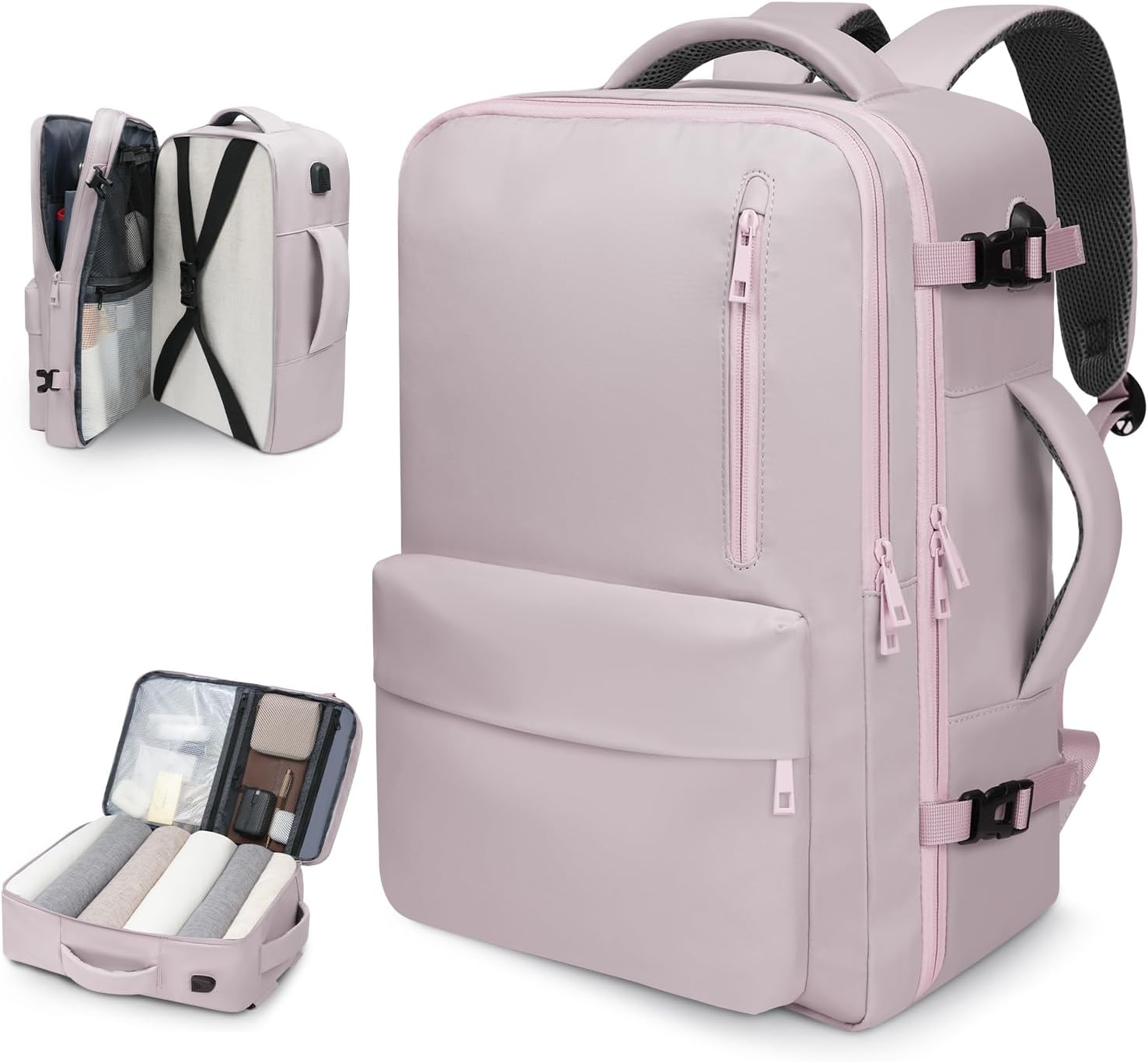 prezon 35L Travel Backpack | 180° All-Open Design | Multi-Pockets | Airline Approved Carry on |15.6 inch Laptop Compartment |USB Port |Perfect for Travel Business College Bookbags|Men Women,Dark Pink