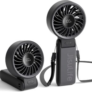 JISULIFE Handheld Fan Life7 – Ultimate Flexibility: High-Power Motor, LED Display, 19.5 Hrs Cooling, 5000mAh Rechargeable, 5-Speed, Foldable Design, 3-IN-1 Portable Fan for Travel Cruise Beach(Black)