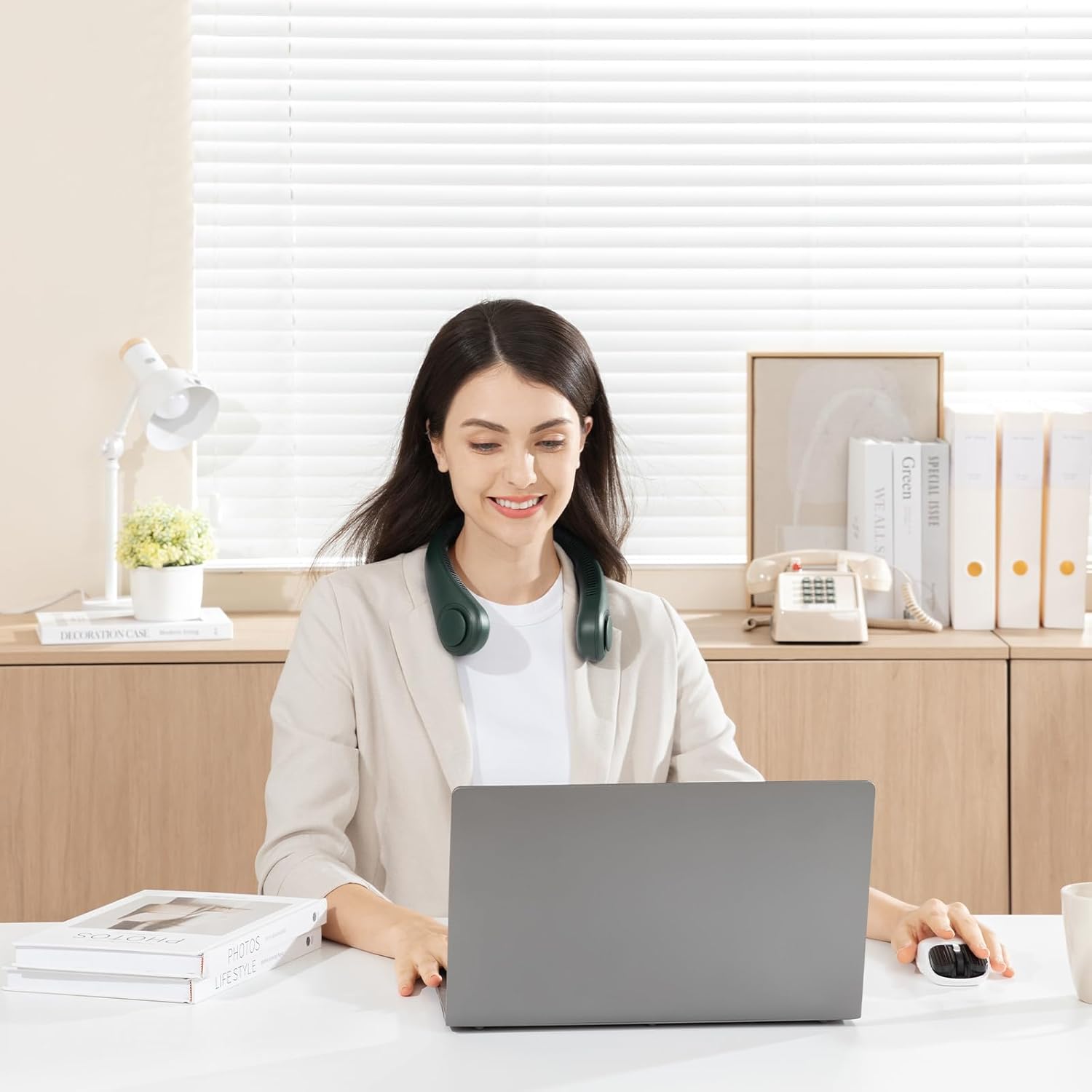 JISULIFE Portable Neck Fan, Hands Free Bladeless Fan, 5 Speeds, 4000 mAh Battery Operated Wearable Personal Fan, Twistable, Rechargeable, Gift for Women Men-Dark Green - Image 7