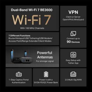 Alternative view of TP-Link BE3600 Wi-Fi 7 Portable Travel Router TL-WR3602BE | Dual-Band, 2.5 Gig Port, USB 3.0 | Multi-Modes in One | OpenVPN, WireGuard® | Public WiFi Sharing for Hotel/Cruise/RV/Plane | No 6 GHz