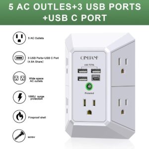 Alternative view of Wall Charger, Surge Protector, QINLIANF 5 Outlet Extender with 4 USB Charging Ports (4.8A Total) 3-Sided 1680J Power Strip Multi Plug Adapter Spaced for Home Travel Office (3U1C)