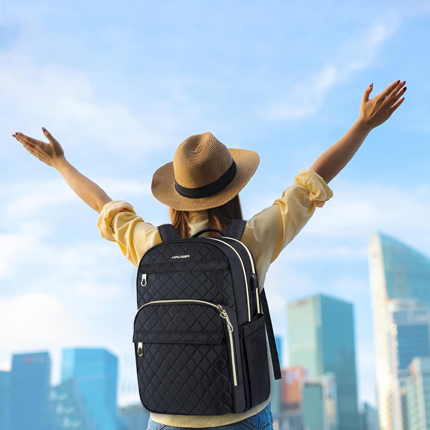 KROSER Laptop Backpack 15.6 Inch Stylish Daypack with USB Charging Port, Water-repellent Nylon Backpack Backpack for Travel/Business/Women/Black - Image 6