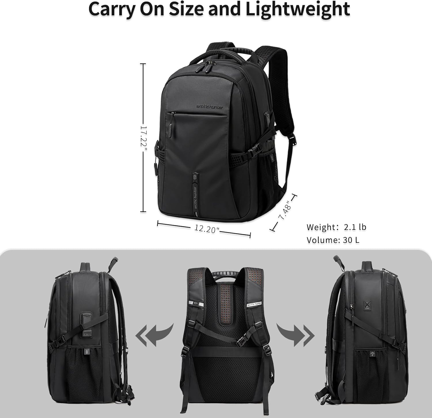 ARCTIC HUNTER AH Business Laptop Backpack for Men Work Commuting, 30L Large Travel Carry On Backpack Flight Approved for Airplane, Professional Adult College Backpacks Casual Daypack, Black - Image 3