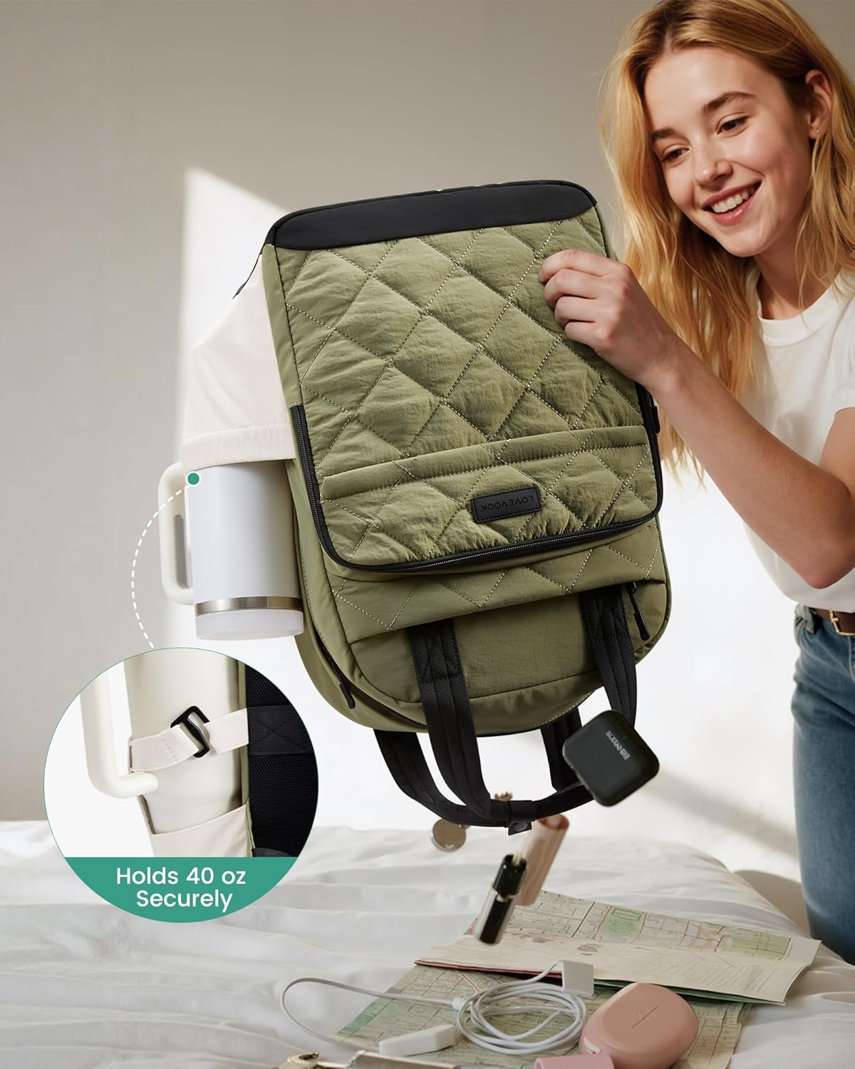 LOVEVOOK Travel Backpack for Women, 15.6 Inch Quilted laptop Backpack With Pouch Pocket for Large Capacity Cup, Large Capacity Work Bag College Bookbag, Carry On Personal Item Bag - Image 6