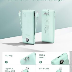 Alternative view of VEGER Portable Charger with Built-in AC Plug and Cables, All in One 10000mAh Ultra Slim Power Bank Travel Essentials, 15W Fast Charging Battery Pack Compatible with iPhone, Samsung, Android (Green)