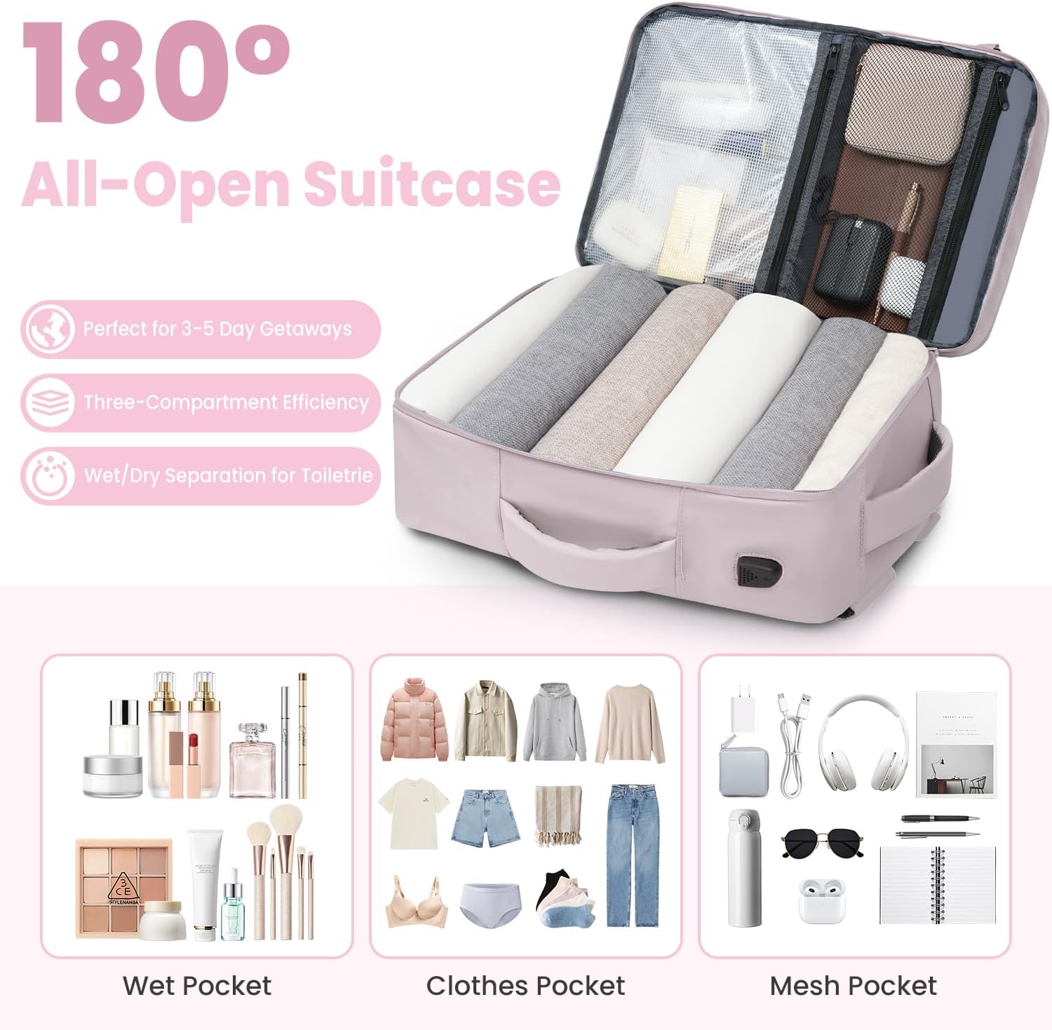 prezon 35L Travel Backpack | 180° All-Open Design | Multi-Pockets | Airline Approved Carry on |15.6 inch Laptop Compartment |USB Port |Perfect for Travel Business College Bookbags|Men Women,Dark Pink - Image 5