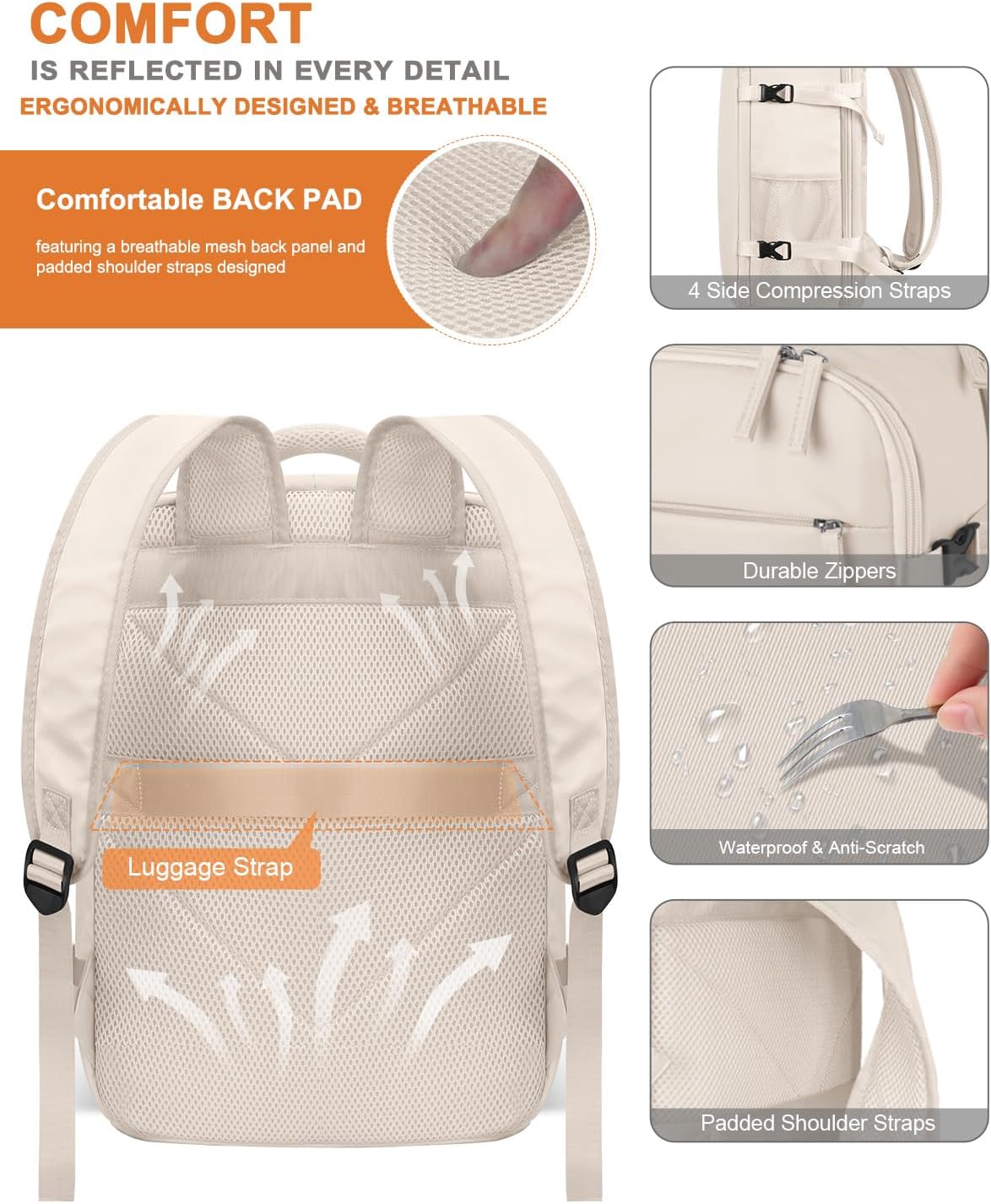 Capolo Travel Backpack for Women Men Waterproof Laptop Backpack Airlines Approved Carry On Backpack Bag Computer Bookbag for Business, Work, Traveling Fits 15.6 Inch Laptop(Beige) - Image 6
