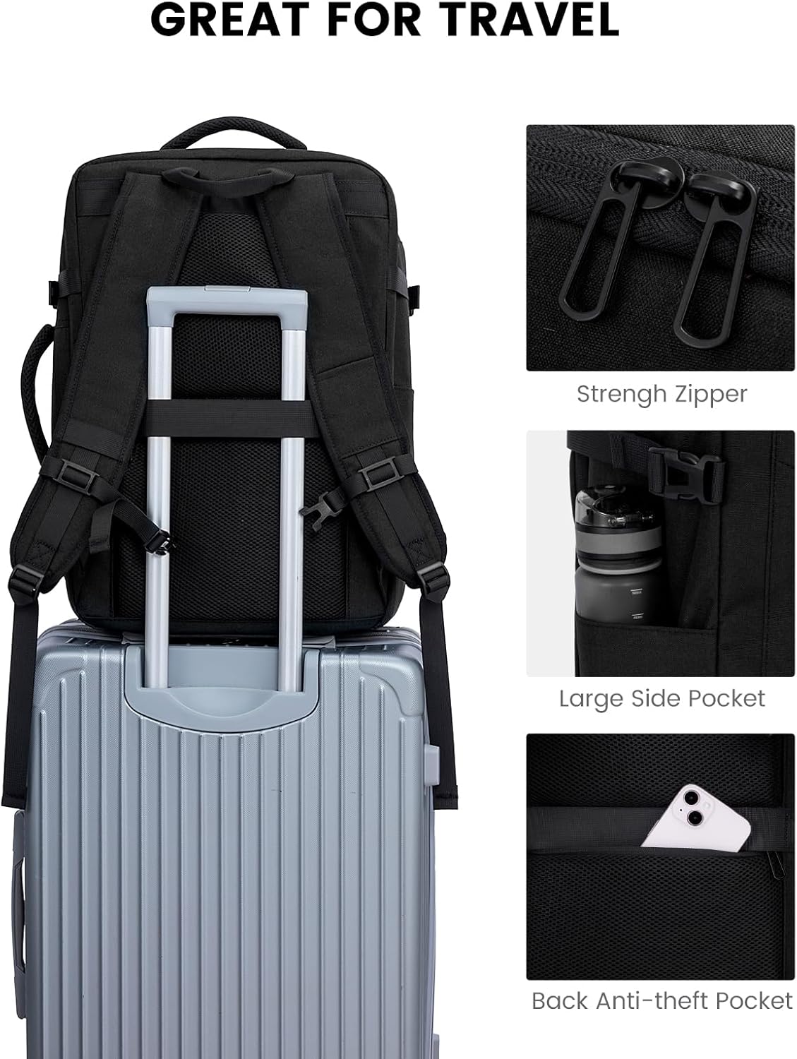 LOVEVOOK Travel Carry on Backpack, Large 40L Personal Item Travel Bag for Men & Women Flight Approved with 3 Packing Cubes, Suitcase Water Resistant Luggage Daypack Business Weekender Bag, Black - Image 8