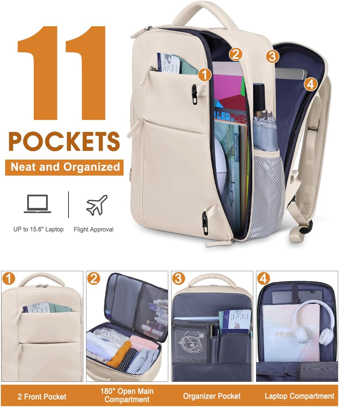 Capolo Travel Backpack for Women Men Waterproof Laptop Backpack Airlines Approved Carry On Backpack Bag Computer Bookbag for Business, Work, Traveling Fits 15.6 Inch Laptop(Beige) - Image 3