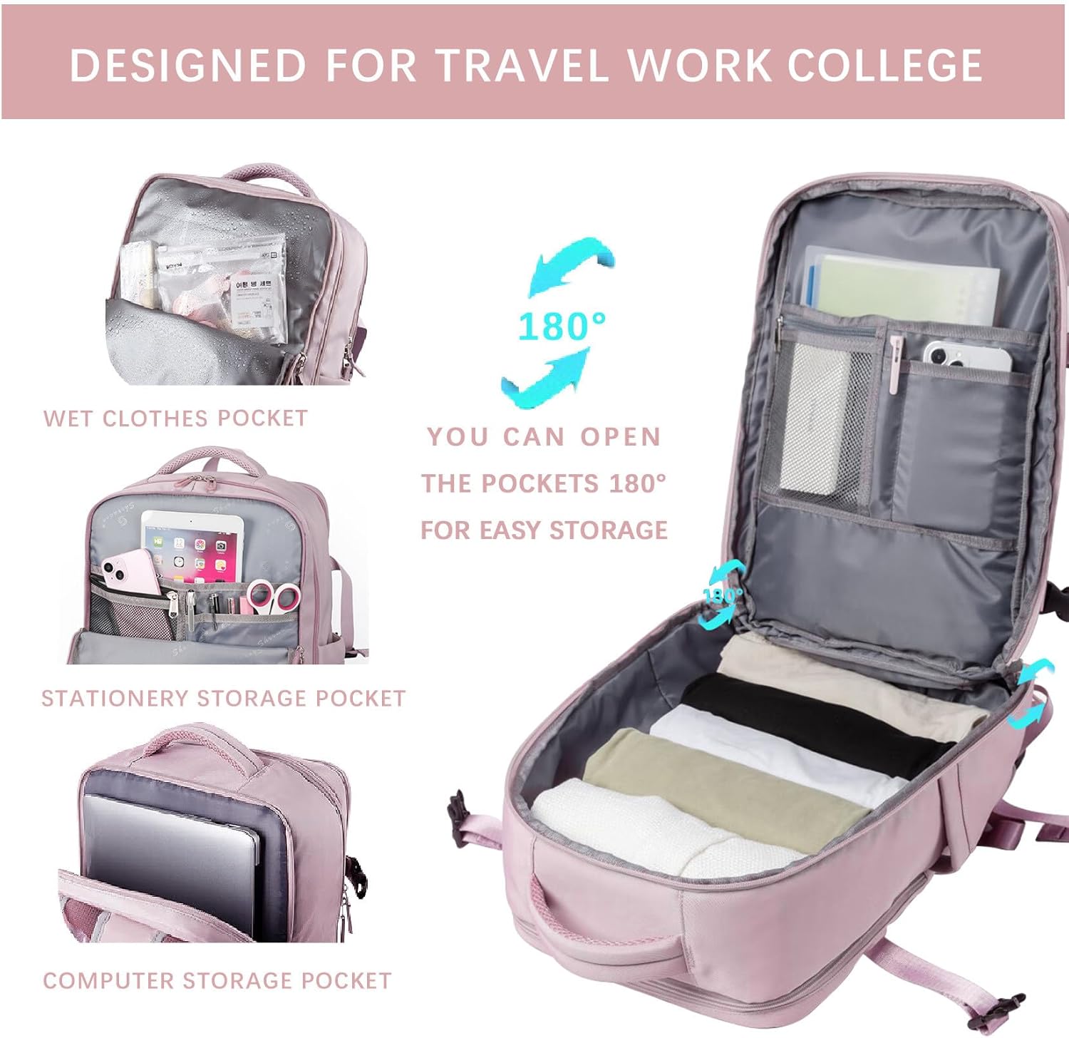 SHRRADOO Travel Laptops Backpack for Women Men, Casual Work Bag 17inch High School College Backpack Airline Approved Backpack for Hiking Business (Pink khaki) - Image 5