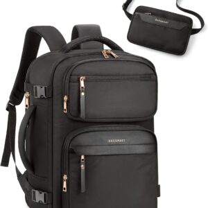 BAGSMART Womens Backpack Carry On Flight Approved, Travel Backpack for Women with Waist Bag, Traveling Lightweight Weekender Casual Daypack 17.3" Laptop Work Back pack Personal Item Travel Bag, Black