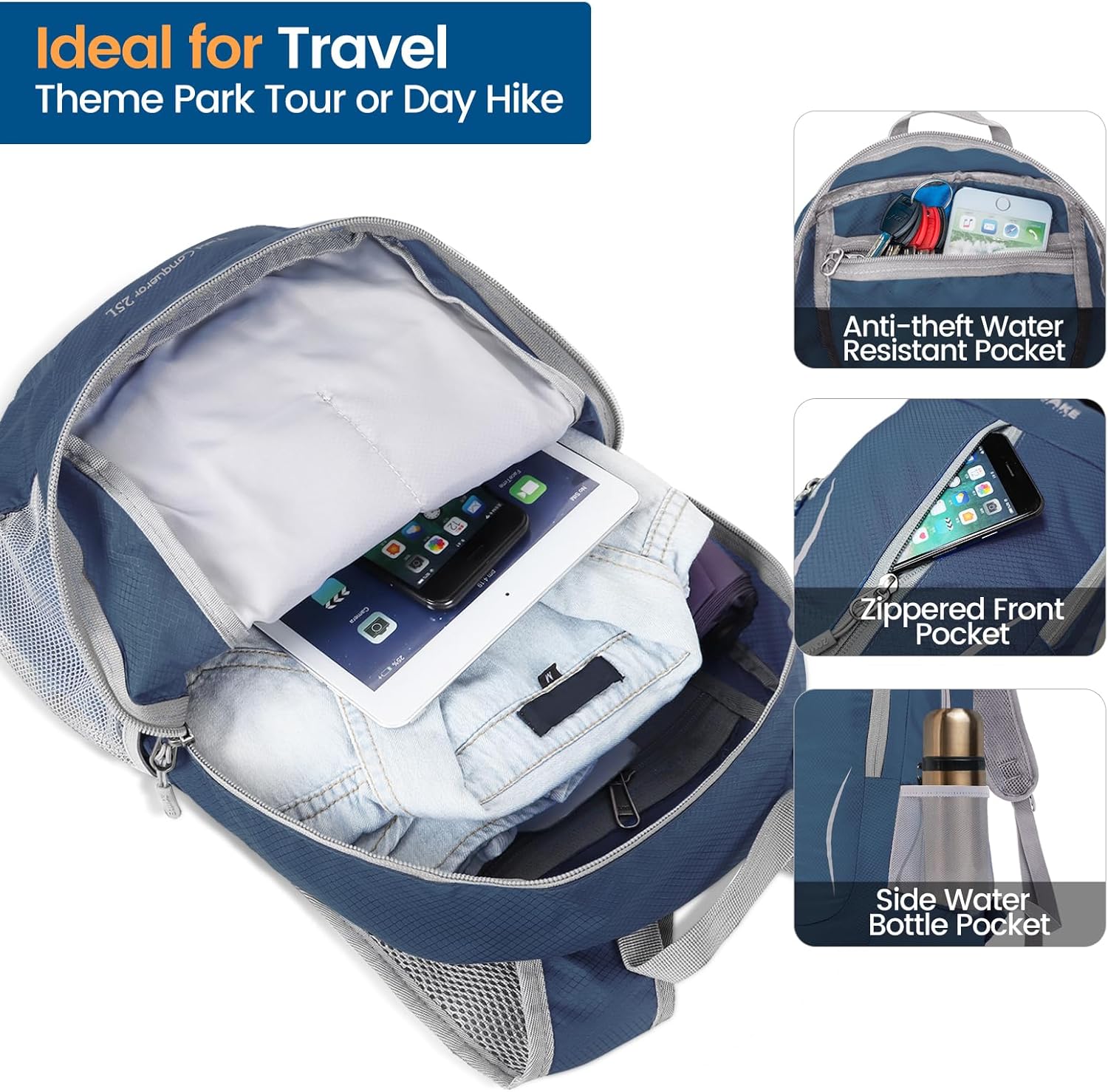 ZOMAKE Ultra Lightweight Packable Backpack 25L - Foldable Hiking Backpacks Water Resistant Small Folding Daypack for Travel(Navy Blue) - Image 3