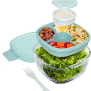 Bentgo Glass All-in-One Salad Container - Large 61-oz Salad Bowl with Lid, 4-Compartment Bento-Style Tray, 3-oz Sauce Container & Reusable Fork - Dishwasher, Microwave, Oven Safe (Coastal Seaglass)