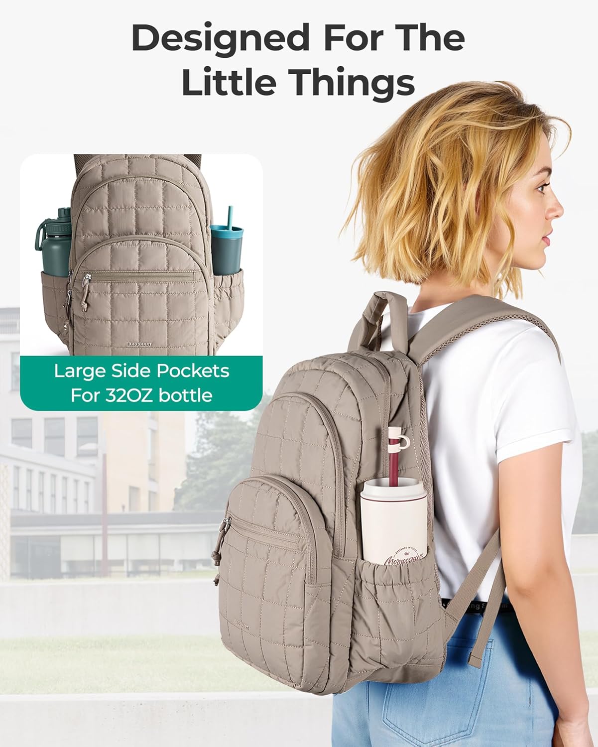 BAGSMART College Laptop Backpack, Travel Backpack for Women, Quilted Casual Daypack, Water-Resistant Bookbag for 15.6 Inch Laptop, Camel - Image 5