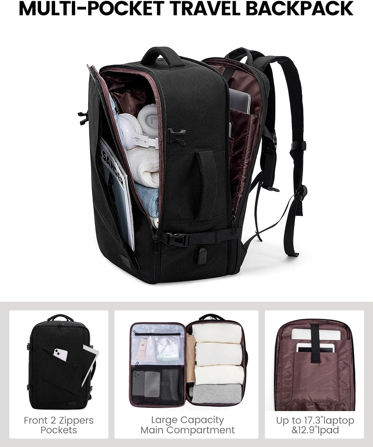 LOVEVOOK Travel Carry on Backpack, Large 40L Personal Item Travel Bag for Men & Women Flight Approved with 3 Packing Cubes, Suitcase Water Resistant Luggage Daypack Business Weekender Bag, Black - Image 4