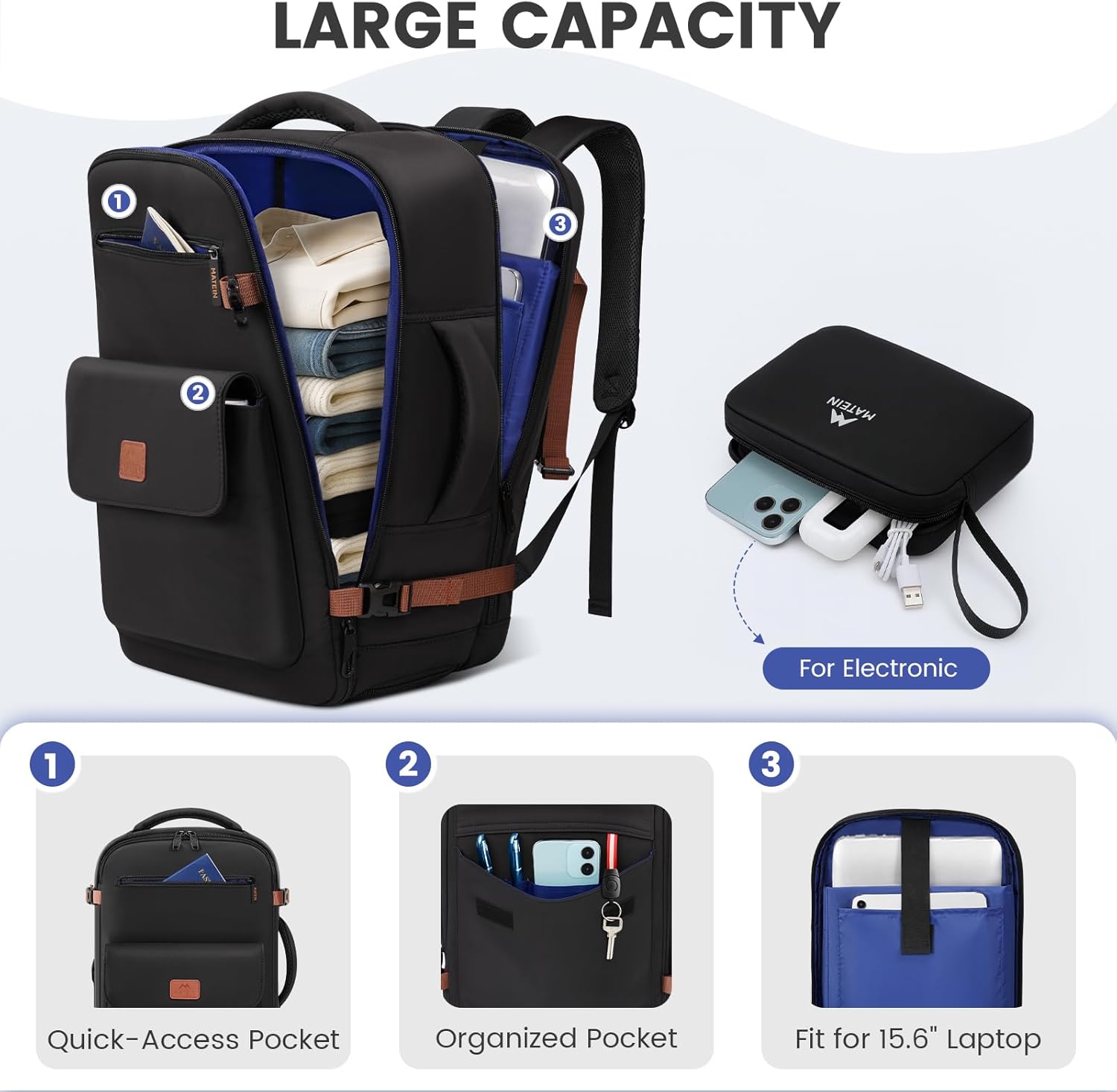 MATEIN Anti Theft Personal Item Backpack 18x14x8, Underseat Travel Backpack with Water Bottle Holder Fit 15.6 Inch Laptop, TSA Approved Luggage Bag with Shoe Compartment for Spirit Airlines, 2 Pcs Set - Image 6