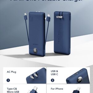 Alternative view of VEGER Portable Charger with Built-in AC Plug and Cables, All in One 10000mAh Ultra Slim Power Bank Travel Essentials, 15W Fast Charging Battery Pack Compatible with iPhone, Samsung, Android (Navy)