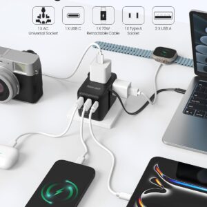 Alternative view of 70W Universal Travel Adapter, Nekmit International Power Adapter with Retractable USB C Fast Charger Cable, 6-Port Travel Plug with 2 AC, 2 USB-A and 2 USB-C Ports Compatible with Over 200 Countries
