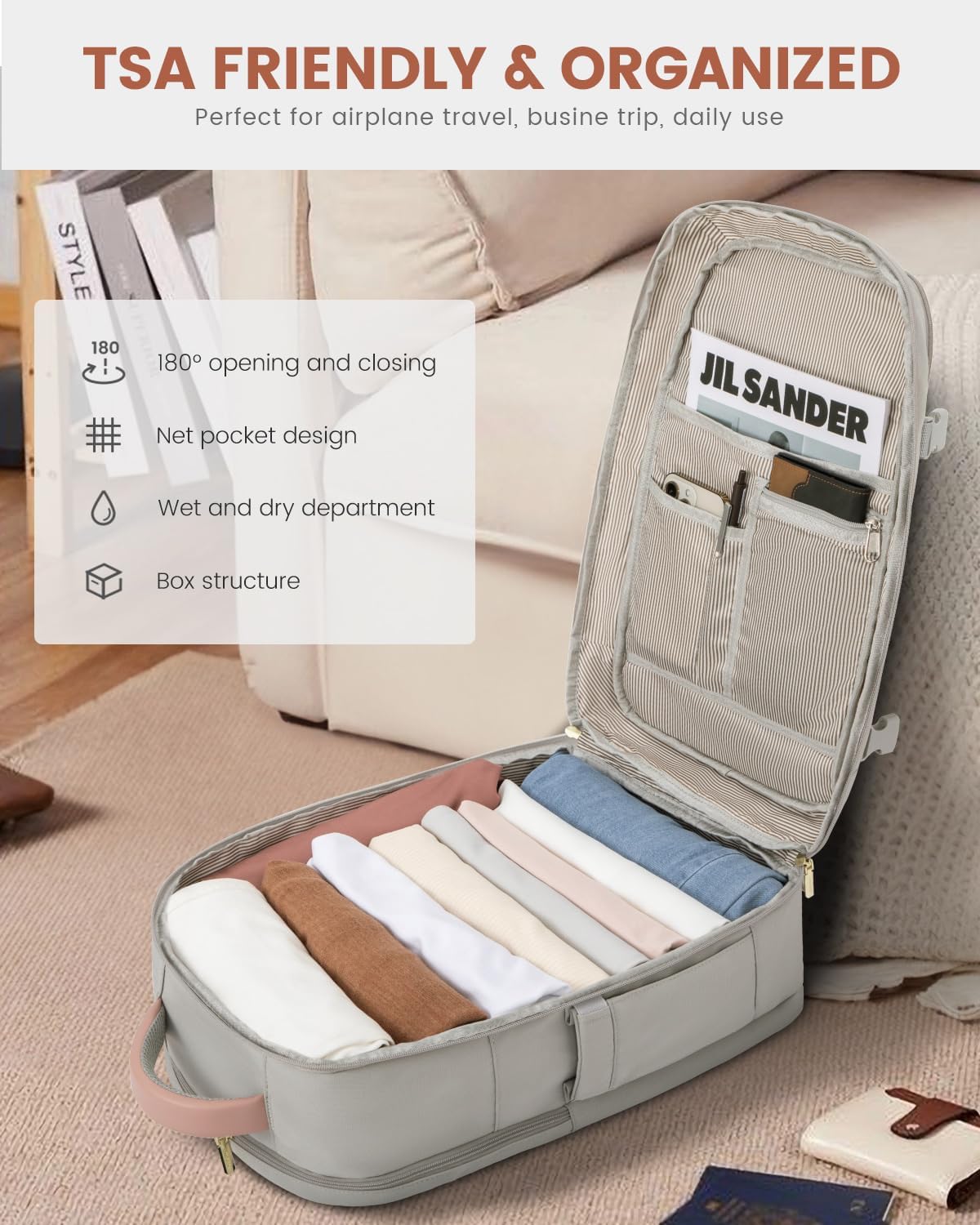 LOVEVOOK Travel Backpack For Women, 40L Carry On Backpack Flight Approved, TSA Personal Item Travel Bag Fits 17 Inch Laptop, Business Weekender Overnight Waterproof Daypack With 2 Cubes, Grey-Pink - Image 6