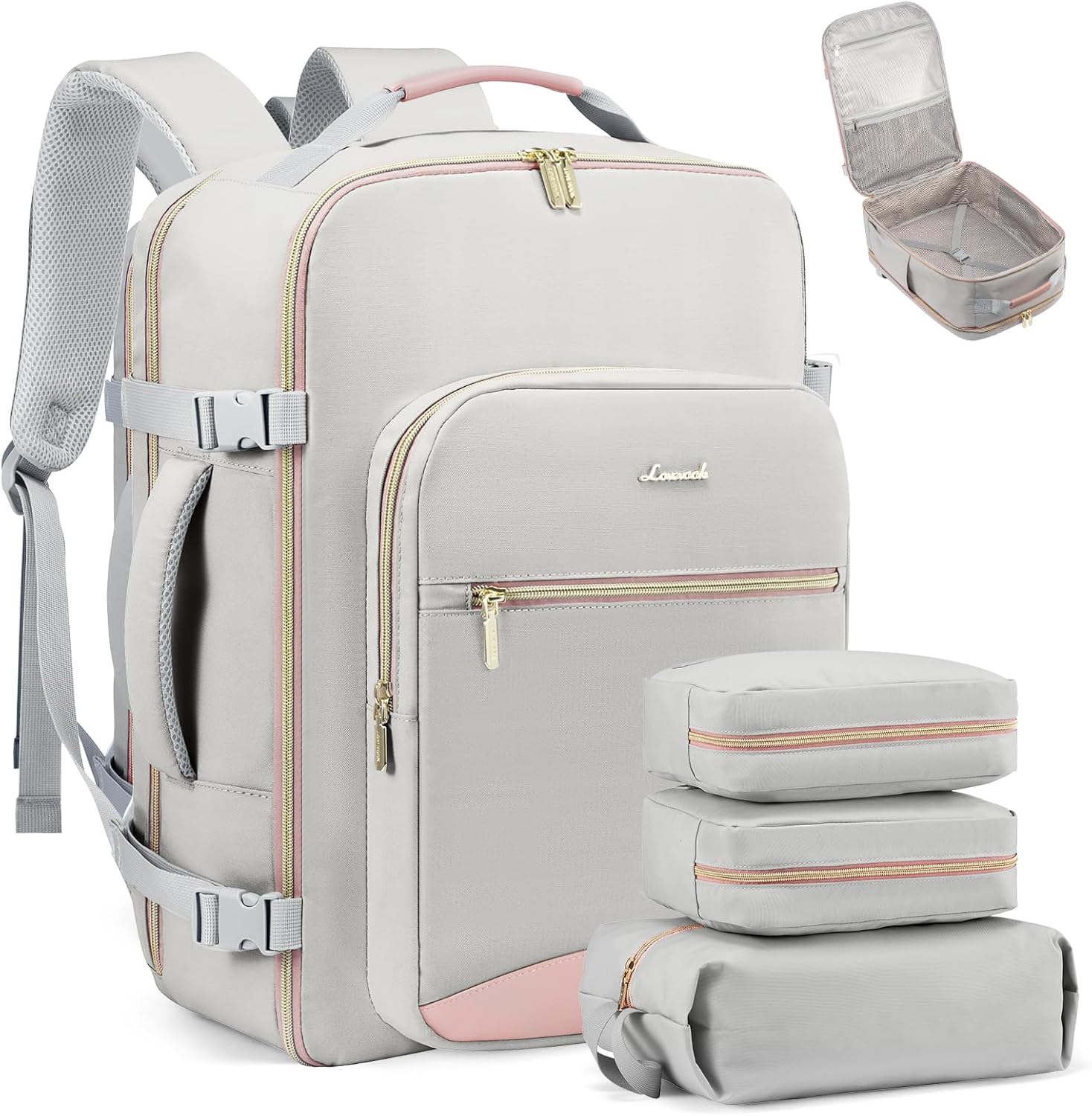 LOVEVOOK Travel Backpack for Women & Men 40L,Airline Approved Carry On Backpack Travel Essentials,TSA Carry on Luggage,Waterproof Personal Item Travel Bag,Suitcase with 3 Packing Cubes,Light gray-Pink - Image 11