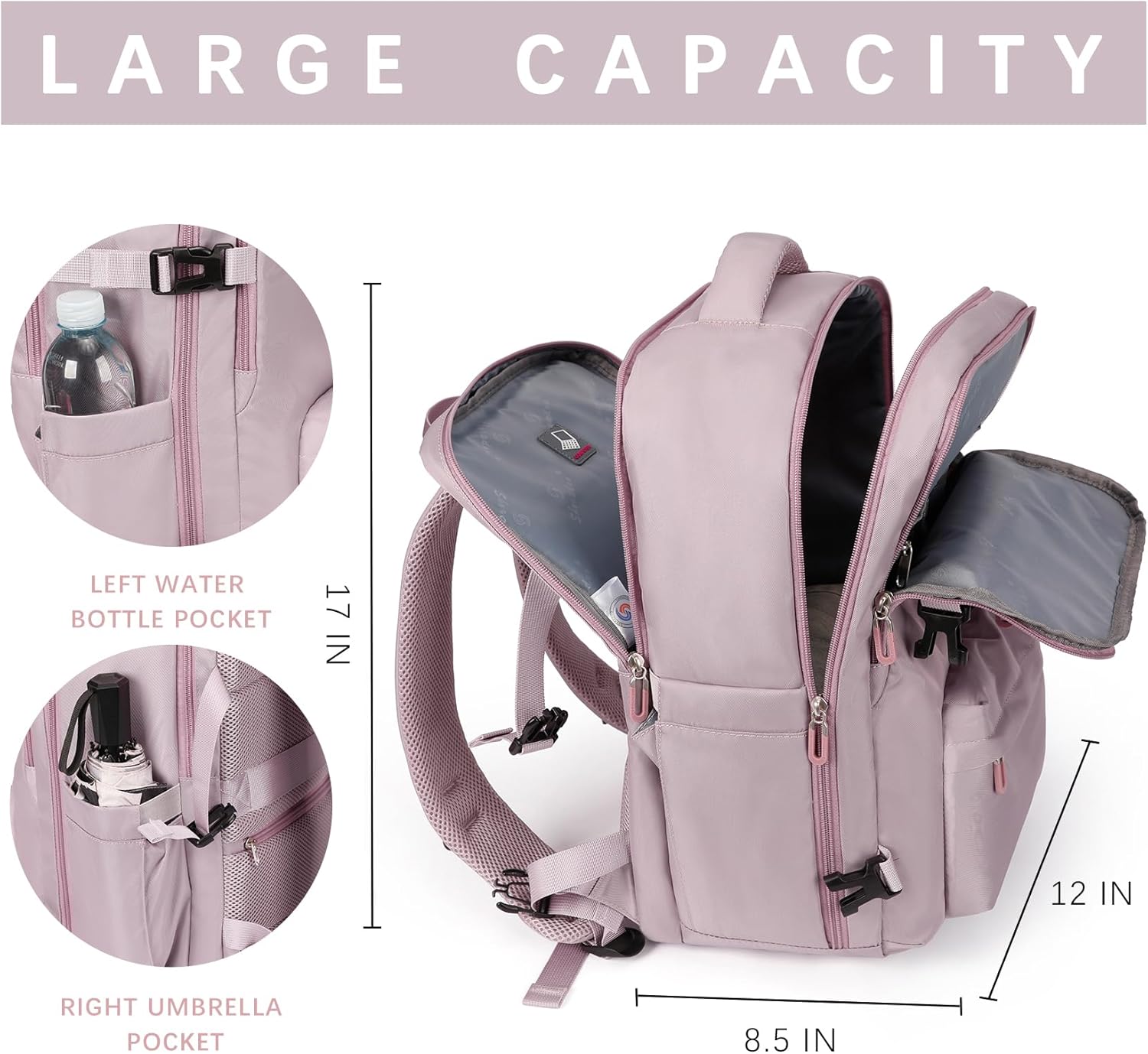 SHRRADOO Travel Laptops Backpack for Women Men, Casual Work Bag 17inch High School College Backpack Airline Approved Backpack for Hiking Business (Pink khaki) - Image 3