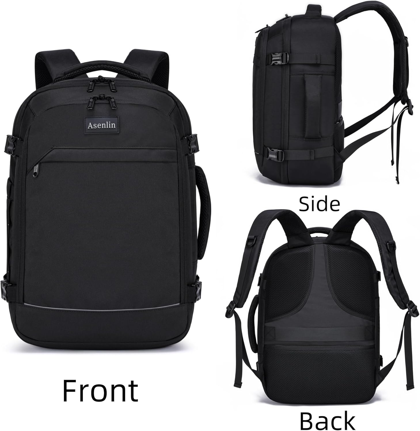 Asenlin Travel Backpack for Women and Men,Fit 15.6 Inch Carry on Backpack Flight Approved Luggage,Weekender Bag Water Resistant Laptop Backpack-Black - Image 2