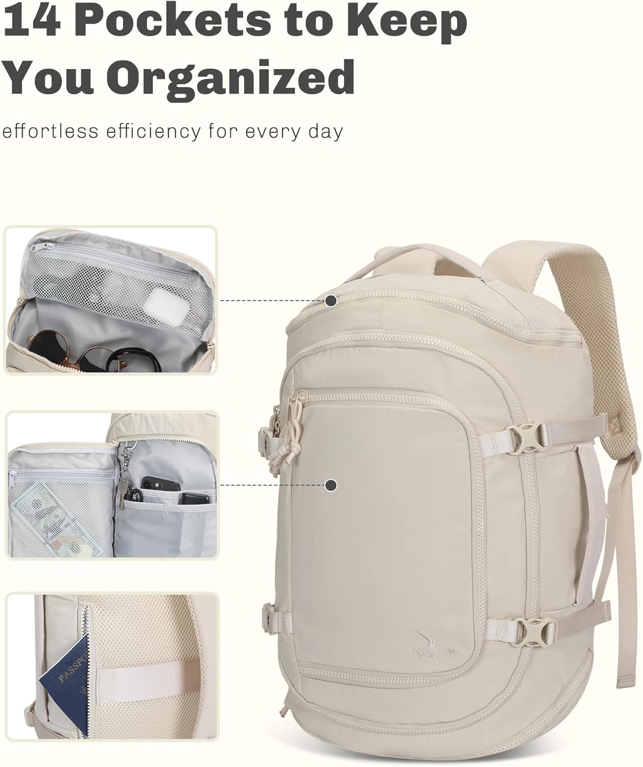 Hynes Eagle Travel Laptop Backpack 16 inches Lightweight Flight Approved Carry on Personal Item Bag Weekender Bag Daypack 20L Beige - Image 4