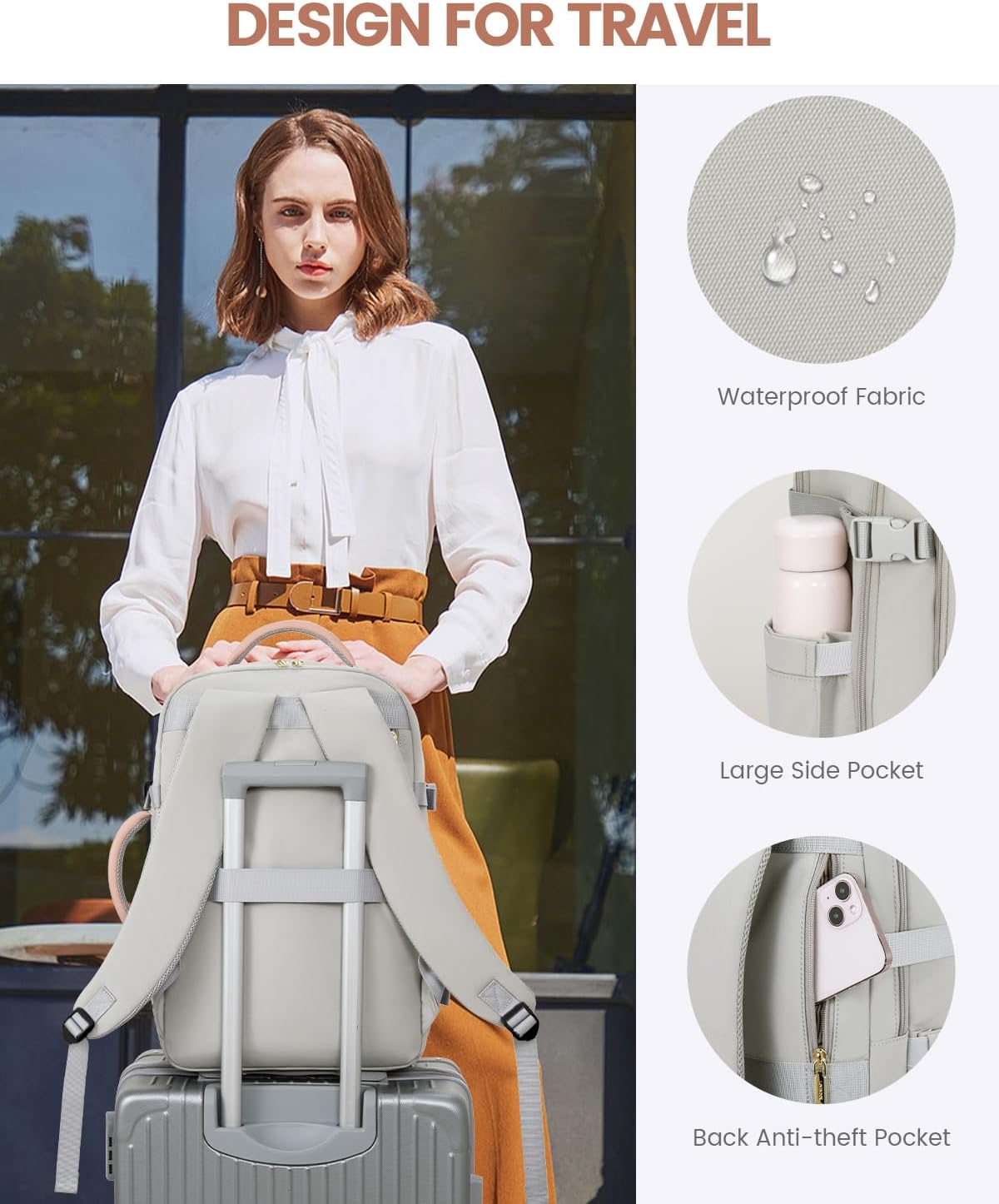 LOVEVOOK Travel Backpack For Women, 40L Carry On Backpack Flight Approved, TSA Personal Item Travel Bag Fits 17 Inch Laptop, Business Weekender Overnight Waterproof Daypack With 2 Cubes, Grey-Pink - Image 7