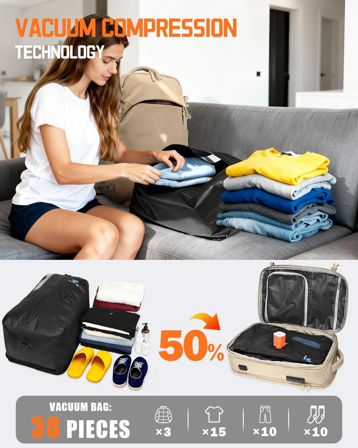 Zurligi Vacuum Backpack for Travel with Mini Pump, Expandable Vacuum Seal Compression Backpack, Space-Saving Daypack,TSA-Lock (Vacuum Pro, Beige) - Image 2