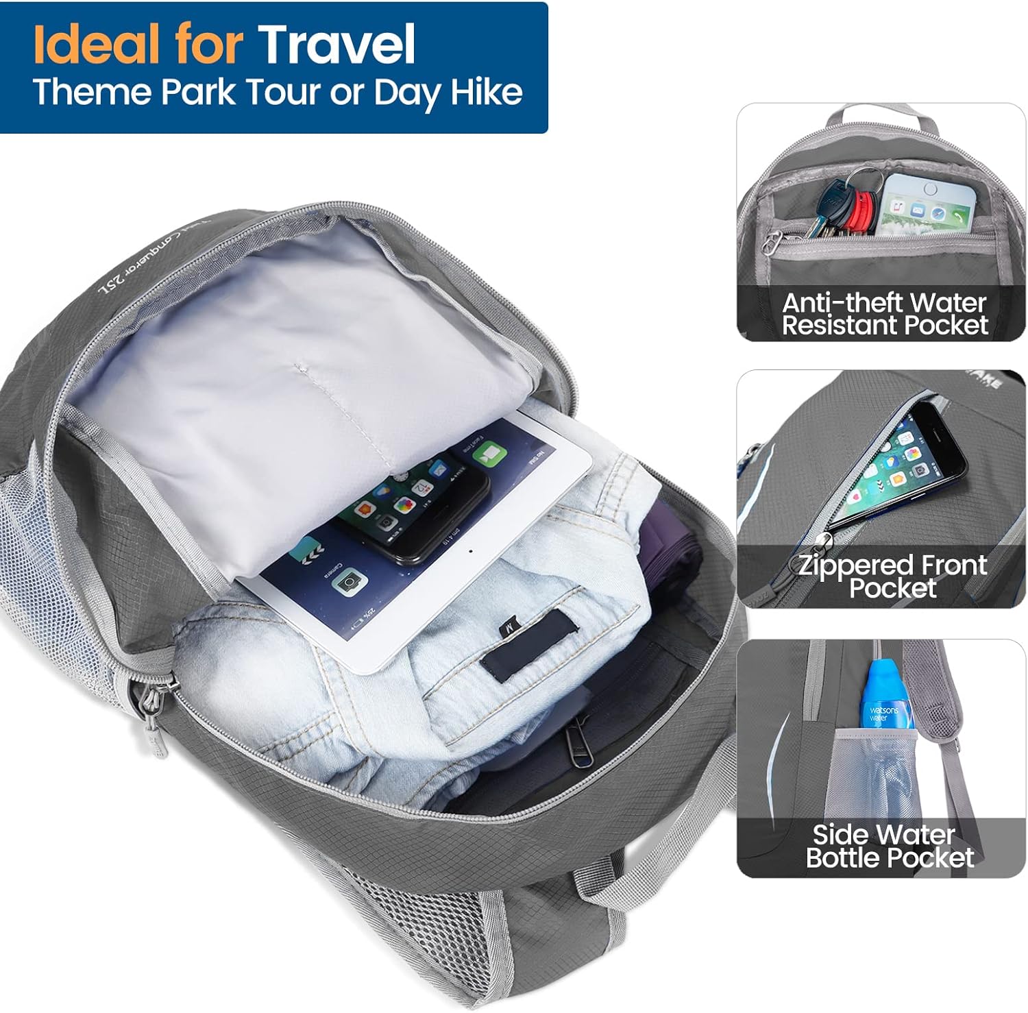 ZOMAKE Ultra Lightweight Packable Backpack 25L, Foldable Hiking Backpacks Water Resistant Small Folding Daypack for Travel(Dimgray NEW) - Image 3