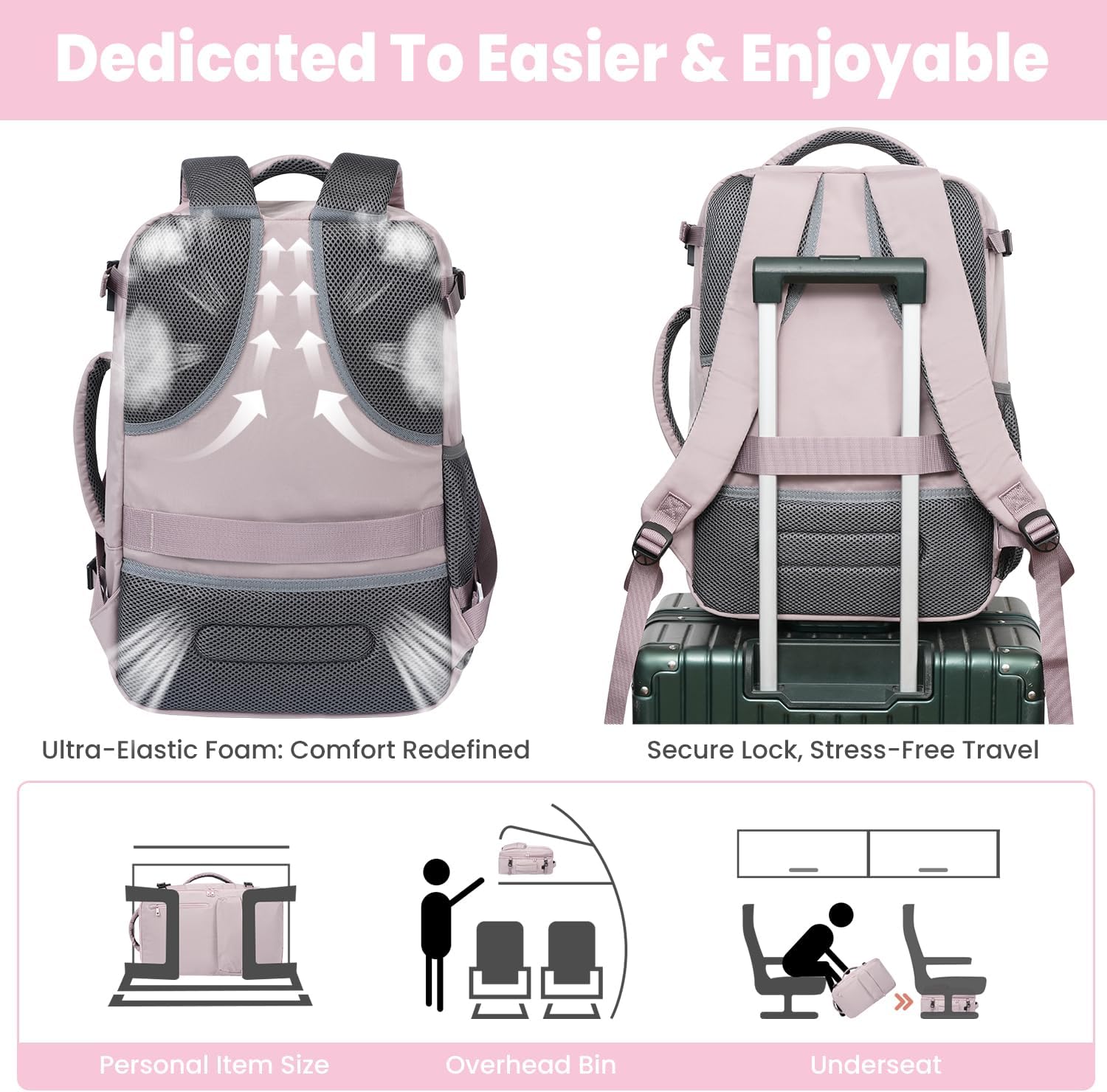 prezon 35L Travel Backpack | 180° All-Open Design | Multi-Pockets | Airline Approved Carry on |15.6 inch Laptop Compartment |USB Port |Perfect for Travel Business College Bookbags|Men Women,Dark Pink - Image 2