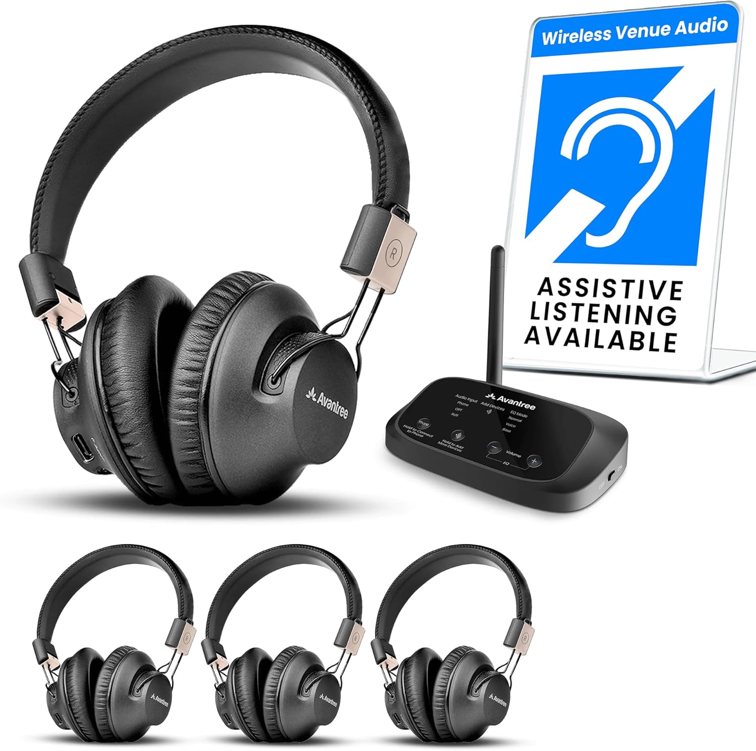 Avantree Quartet 2 - Wireless Group Listening Headphones & Transmitter for TV, Church, Classroom, Silent Discos, Plug & Play, 2.4GHz Expandable Multi-Headphone System with Low Latency & Clear Voice