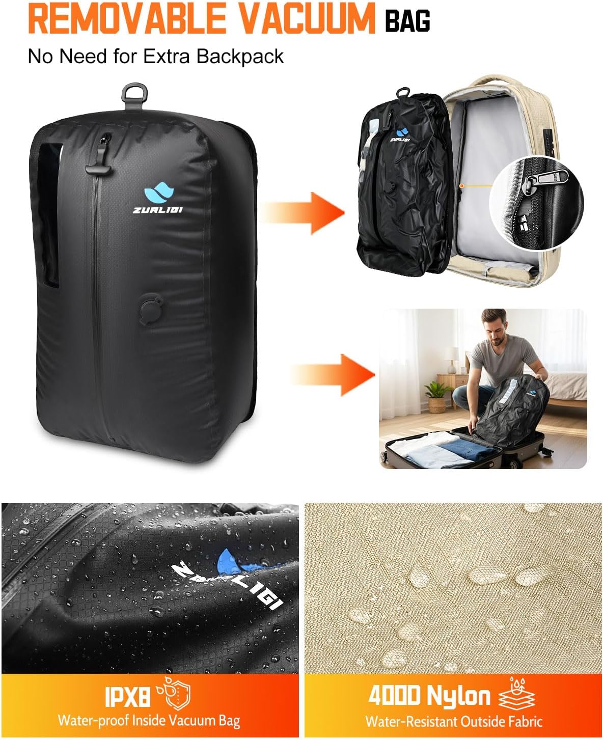 Zurligi Vacuum Backpack for Travel with Mini Pump, Expandable Vacuum Seal Compression Backpack, Space-Saving Daypack,TSA-Lock (Vacuum Pro, Beige) - Image 3