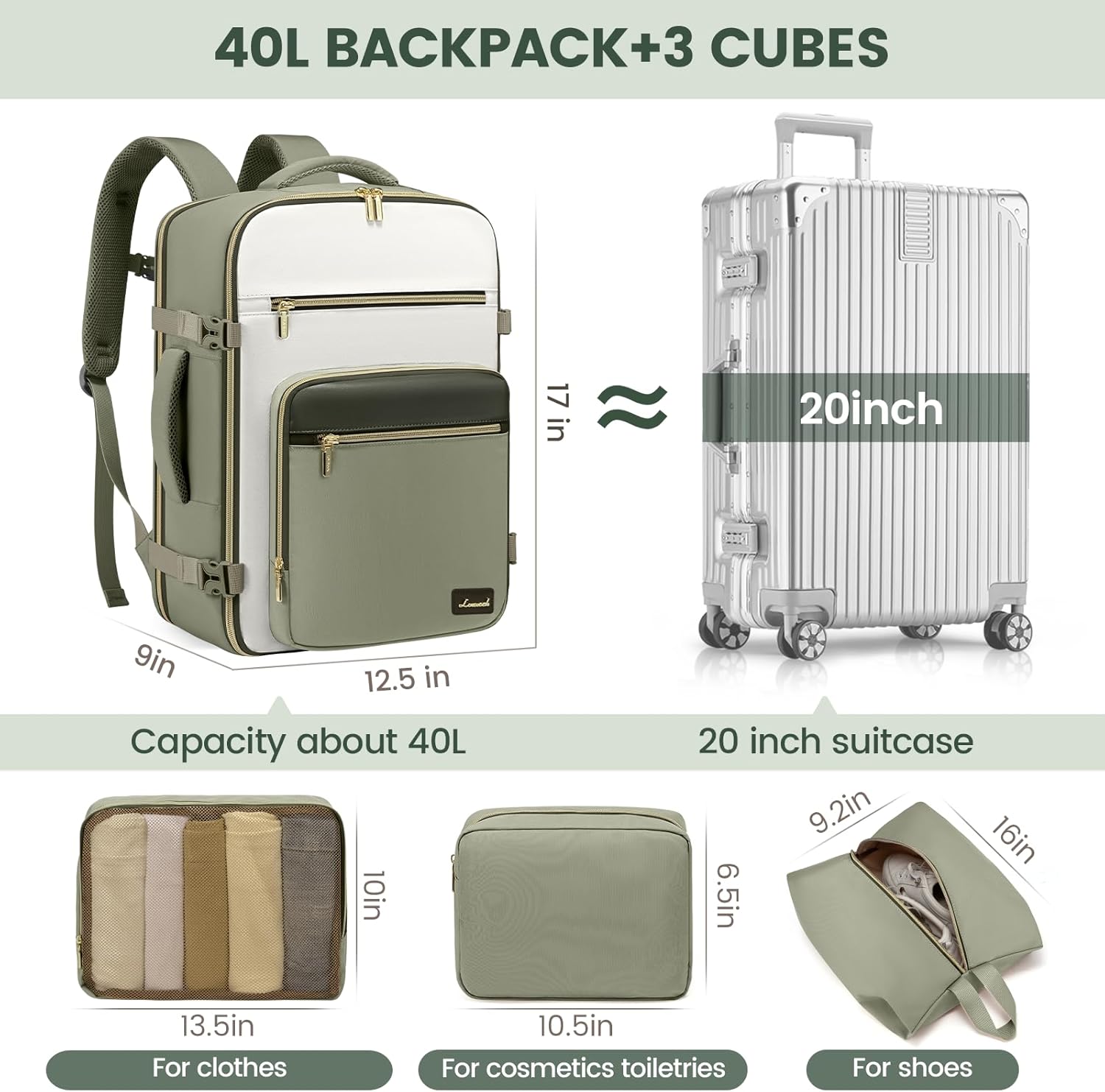 LOVEVOOK Travel Backpack For Women,40L Carry On Backpack Flight Approved,TSA Personal Item Travel Bag Fits 17 Inch Laptop,Business Weekender Overnight Daypack with Back Pad and Chest Buckle,Cubes - Image 4