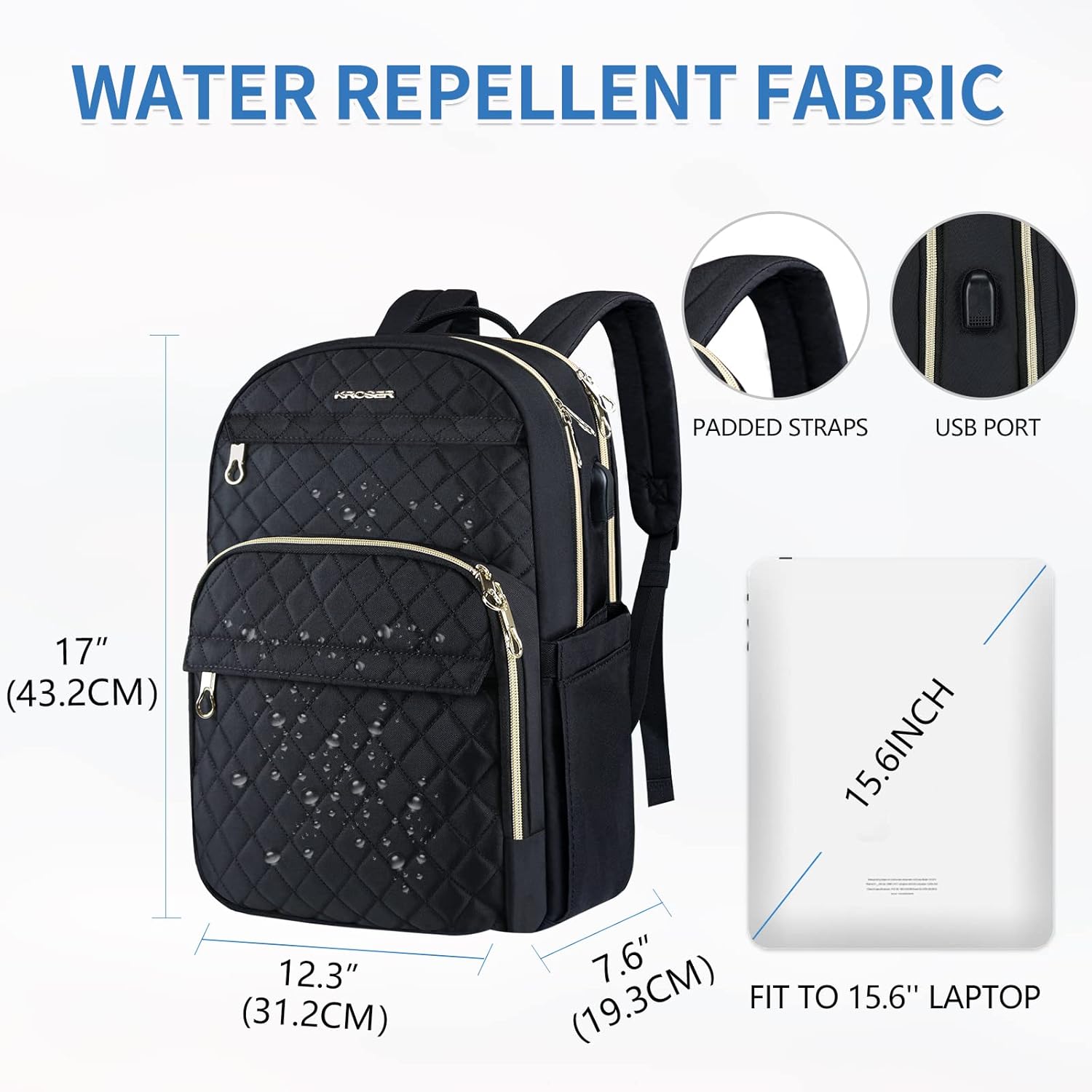 KROSER Laptop Backpack 15.6 Inch Stylish Daypack with USB Charging Port, Water-repellent Nylon Backpack Backpack for Travel/Business/Women/Black - Image 4