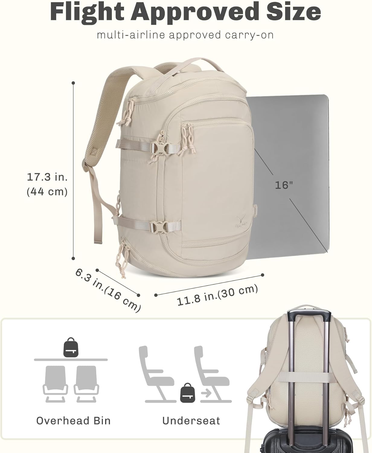 Hynes Eagle Travel Laptop Backpack 16 inches Lightweight Flight Approved Carry on Personal Item Bag Weekender Bag Daypack 20L Beige - Image 3