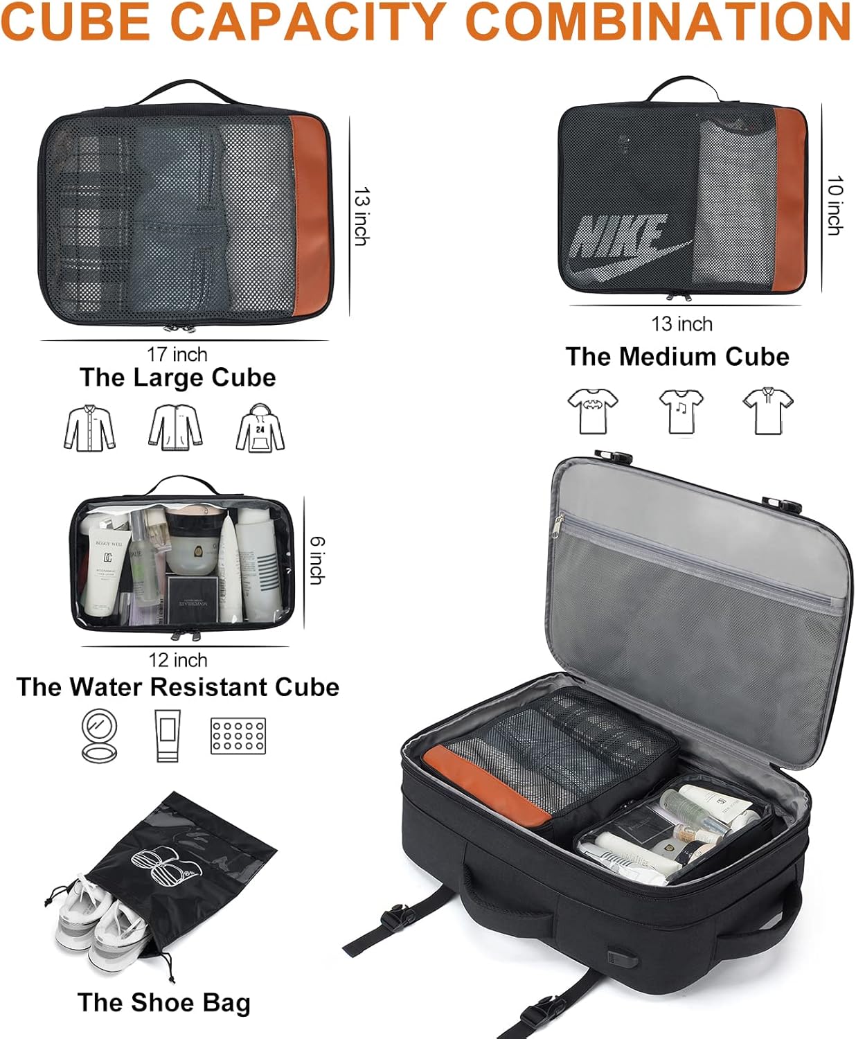 Lumesner Carry on Travel Backpacks, Extra Large 40L Flight Approved Bag for Men & Women,Expandable Suitcase Backpack With 4 Packing Cubes,Water Resistant Luggage Daypack Business Weekender Bag, Black - Image 4