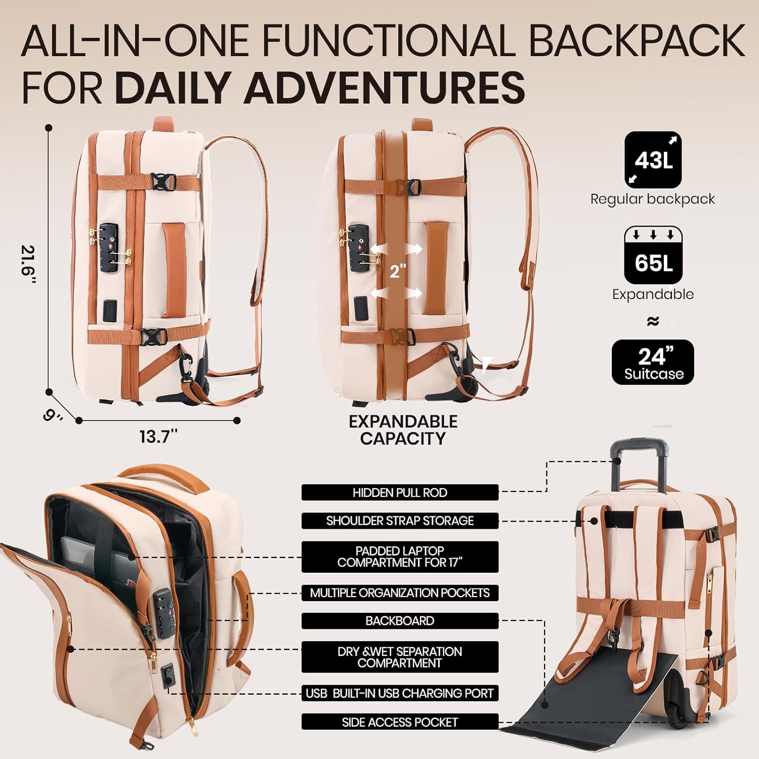 Fanwoli Rolling Vacuum Backpack Travel with One-Button Compression, Expandable Carry-On Suitcase Luggage, Approved TSA Lock & Water-Proof Laptop Compartment for Outdoor/Family/Business Trips - Image 8