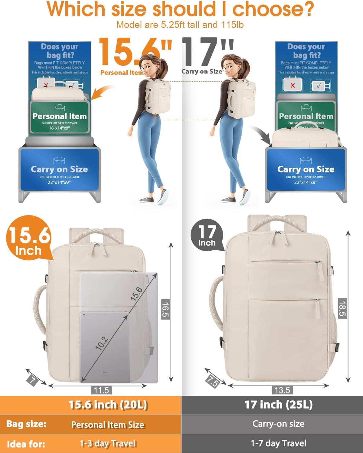 Capolo Travel Backpack for Women Men Waterproof Laptop Backpack Airlines Approved Carry On Backpack Bag Computer Bookbag for Business, Work, Traveling Fits 15.6 Inch Laptop(Beige) - Image 5