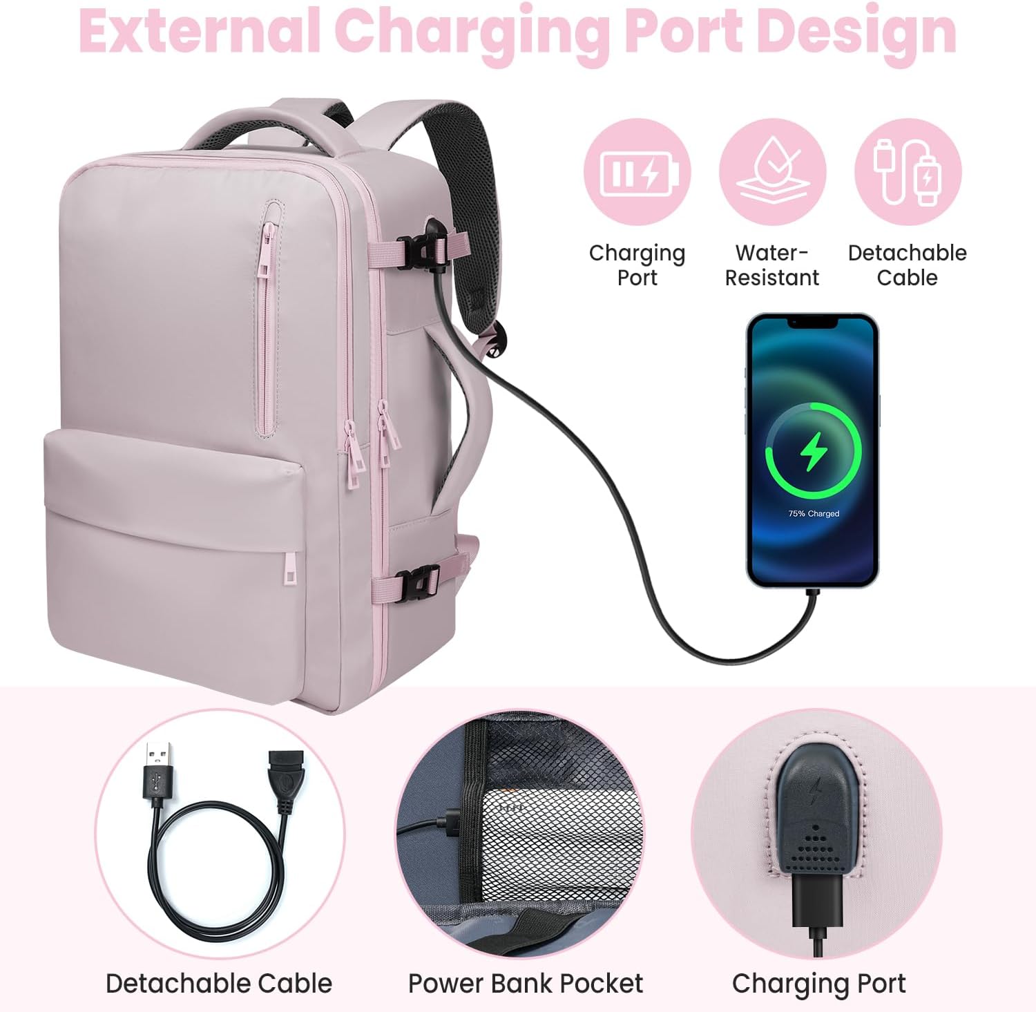 prezon 35L Travel Backpack | 180° All-Open Design | Multi-Pockets | Airline Approved Carry on |15.6 inch Laptop Compartment |USB Port |Perfect for Travel Business College Bookbags|Men Women,Dark Pink - Image 7