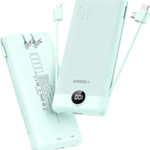 VEGER Portable Charger with Built-in AC Plug and Cables, All in One 10000mAh Ultra Slim Power Bank Travel Essentials, 15W Fast Charging Battery Pack Compatible with iPhone, Samsung, Android (Green)