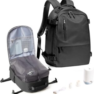 SEAFEW Black Vacuum Travel Backpack with Electric Pump, Carry on Backpack Flight Approved for Women, Casual Daypacks Cabin Bagage, Hiking Backpack Lightweight Rucksack with USB Charger