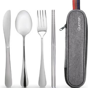 Travel Utensils with Case, Quatish Portable Silverware Set for Work, Stainless Steel Reusable Travel Cutlery, Fork and Spoon Set for Camping, Picnic, Gadgets, Lunch Box for Men, Christmas Gift, Silver