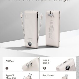 Alternative view of VEGER Portable Charger with Built-in AC Plug and Cables, All in One 10000mAh Ultra Slim Power Bank Travel Essentials, 15W Fast Charging Battery Pack Compatible with iPhone, Samsung, Android (Coffee)