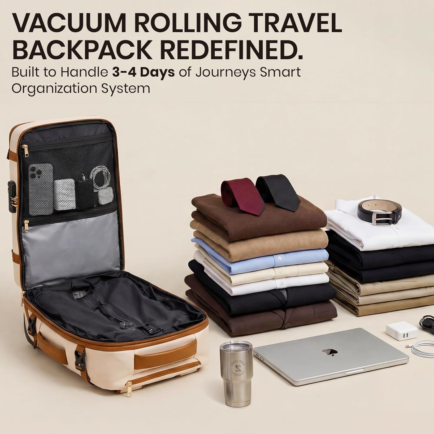 Fanwoli Rolling Vacuum Backpack Travel with One-Button Compression, Expandable Carry-On Suitcase Luggage, Approved TSA Lock & Water-Proof Laptop Compartment for Outdoor/Family/Business Trips - Image 3