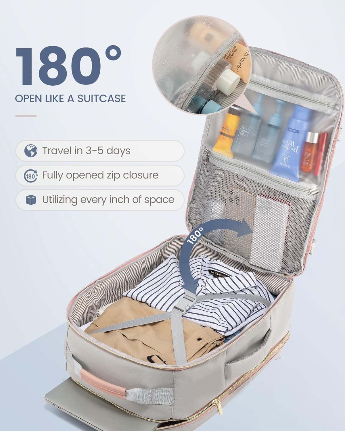 LOVEVOOK Travel Backpack for Women & Men 40L,Airline Approved Carry On Backpack Travel Essentials,TSA Carry on Luggage,Waterproof Personal Item Travel Bag,Suitcase with 3 Packing Cubes,Light gray-Pink - Image 4