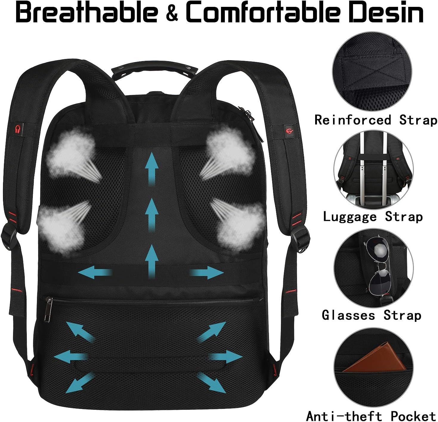 18.4 Laptop Backpack for Men, 55L-60L Extra Large Gaming Laptops Backpack with USB Charger Port, TSA Friendly Flight Approved RFID Anti-theft Pocket, Water Resistant Suiltable for Travel Business Work - Image 3