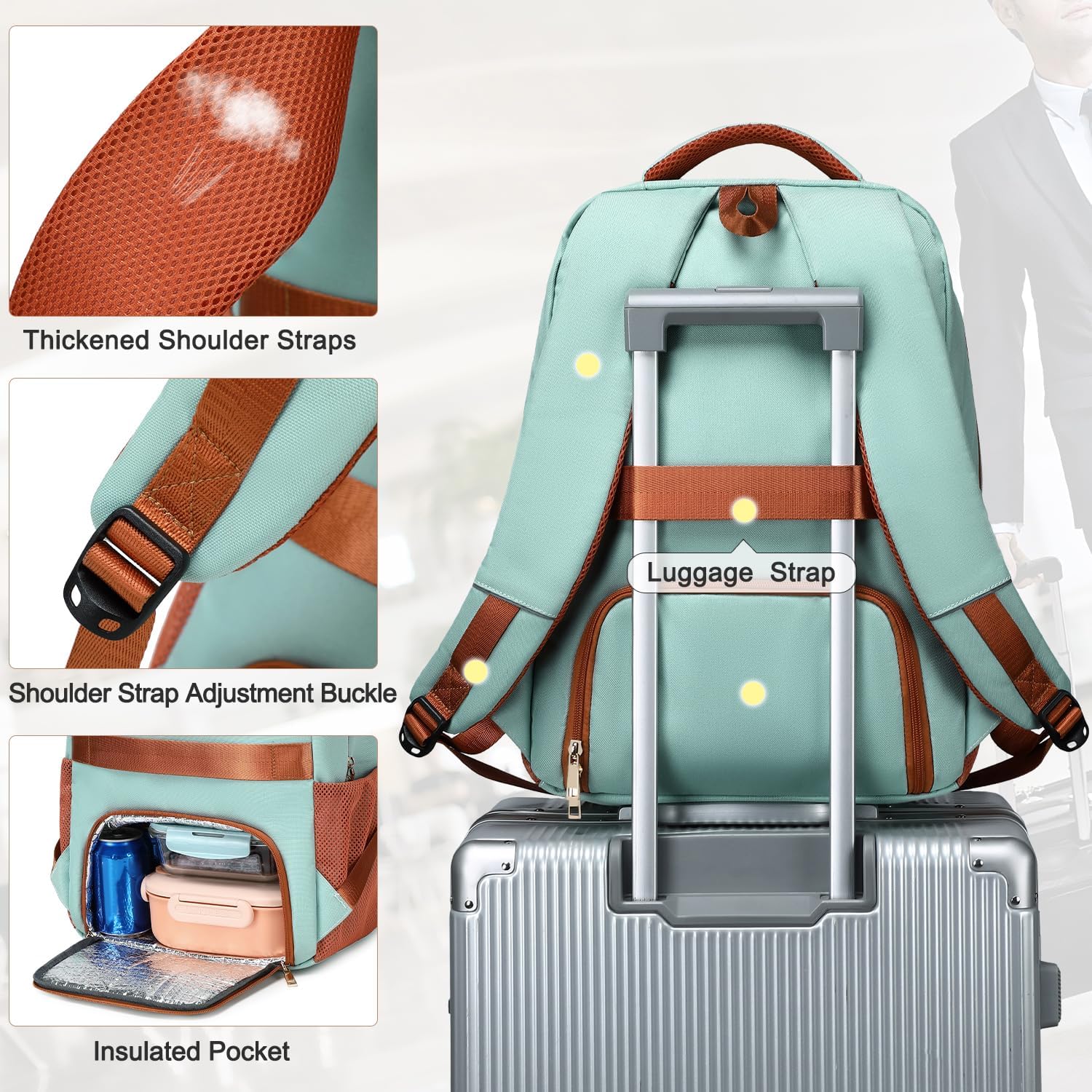 BOVIP Travel Backpack For Men Women,40L Carry On Backpack Flight Approved,TSA Personal Item Travel Bag Fits 17 Inch Laptop,Business Weekender Overnight Daypack Light Green - Image 4